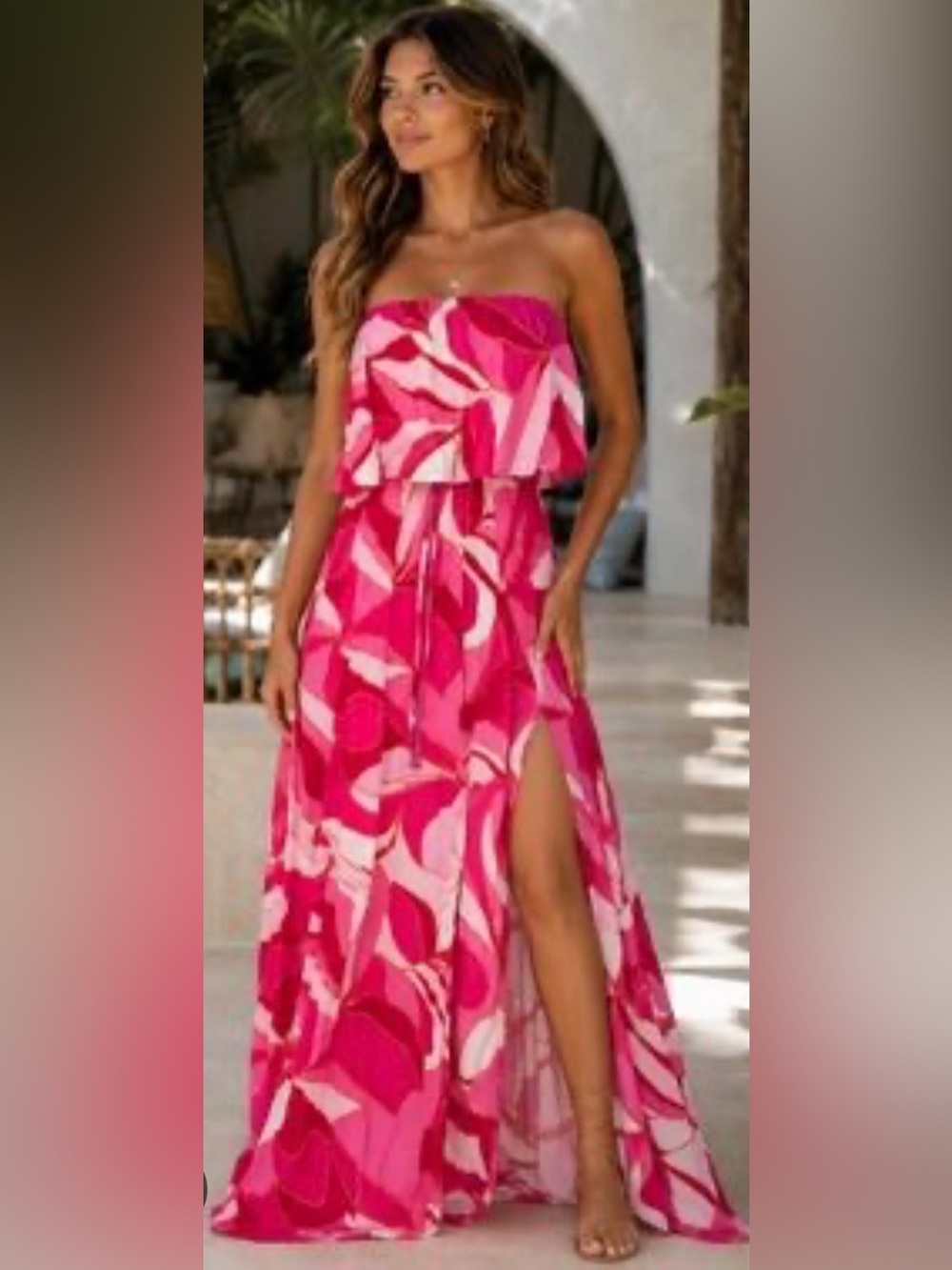 Japna beautiful Strapless With ruffled shoulders Pink and Red Maxi Dress